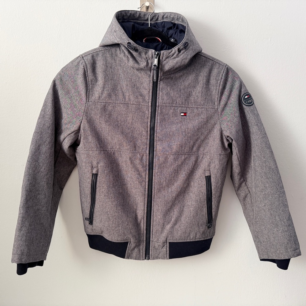 Tommy Hilfiger Mens Softshell Bomber Jacket w/ Hood Heather Grey Excellent M